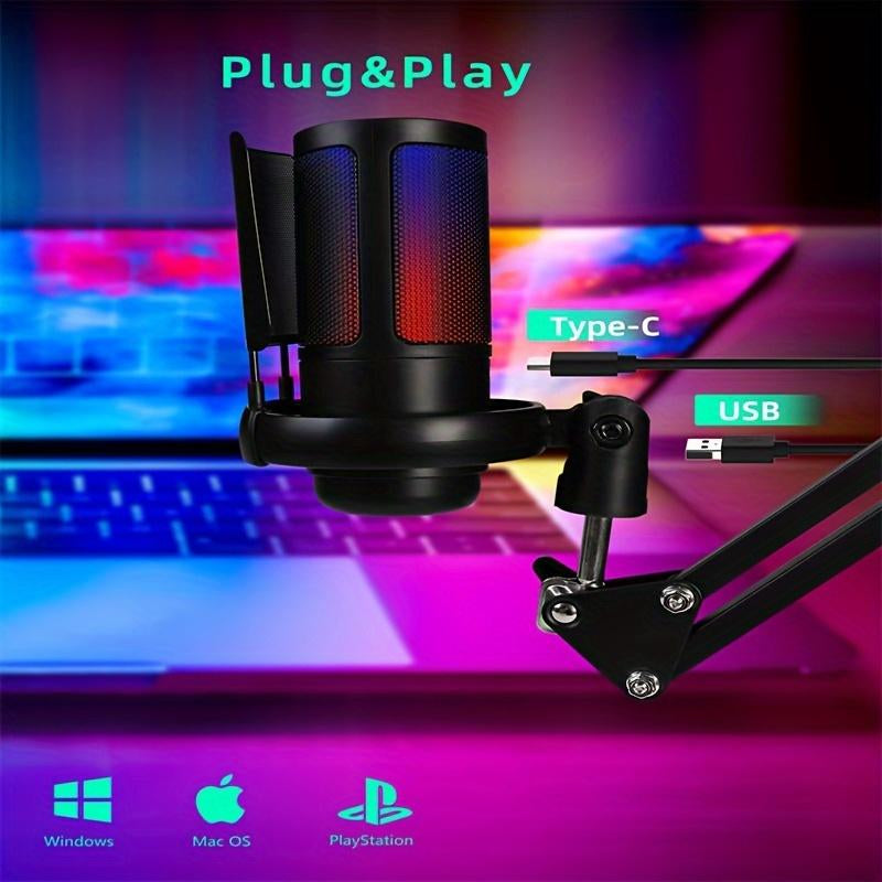 USB PC Condenser Microphone,1 Set Computer Condenser Mic with RGB Light & Cantilever Mount,Audio & Video Accessories,Live Adjustable Audio Device with Gaming Streaming Podcasting Recording Discord Twitch Youtube,Live Broadcast Equipment