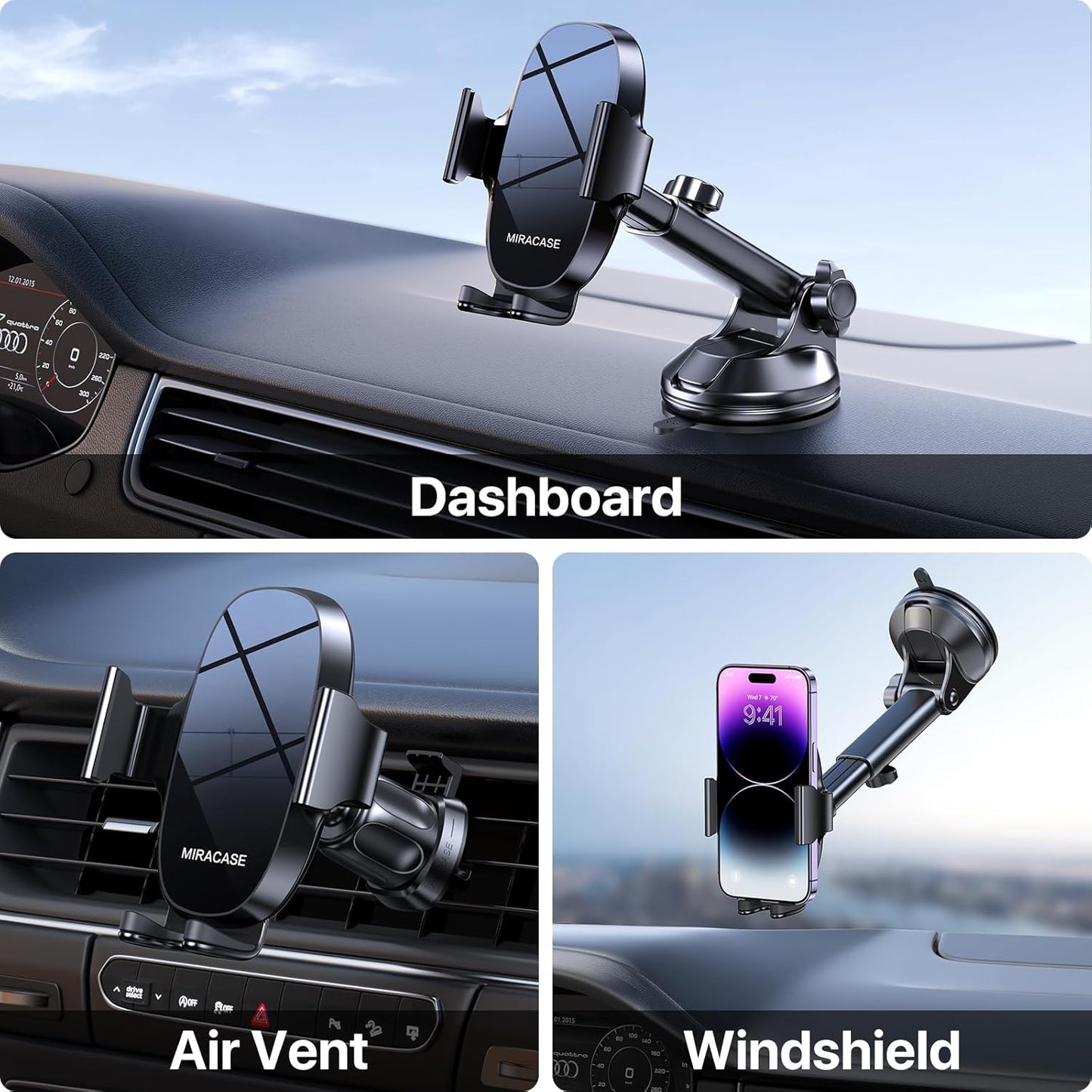 3-In-1 Car Phone Holder Mount, Universal Cell Phone Holders for Your Car Dashboard Air Vent Windshield Compatible with Iphone 16 15 14 13 12 11 Pro Max Xs XR X, Samsung