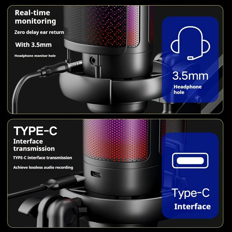 USB PC Condenser Microphone,1 Set Computer Condenser Mic with RGB Light & Cantilever Mount,Audio & Video Accessories,Live Adjustable Audio Device with Gaming Streaming Podcasting Recording Discord Twitch Youtube,Live Broadcast Equipment