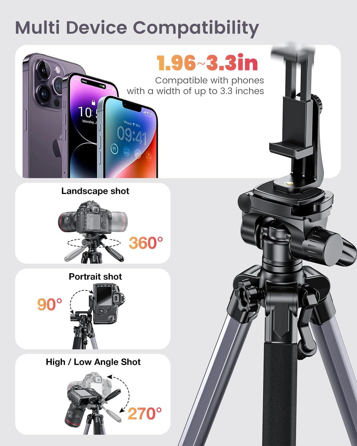 74"-Camera-Tripod, Gray Porfessional Aluminum Tripod Stand for Mirrorless Camera/Dslr/Cell Phone/Camcorder/Gopro, with Phone Holder and Travel Bag (Gunmetal Gray)