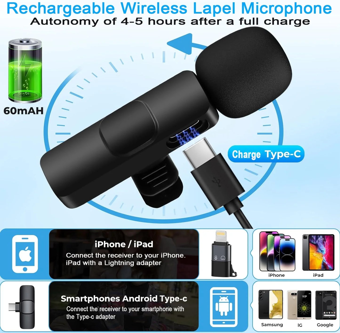 Professional Wireless Lavalier Microphone for iPhone, Android, iPad, and Laptop - Ideal for Video Recording, YouTube, Vlogging, TikTok, and Interviews