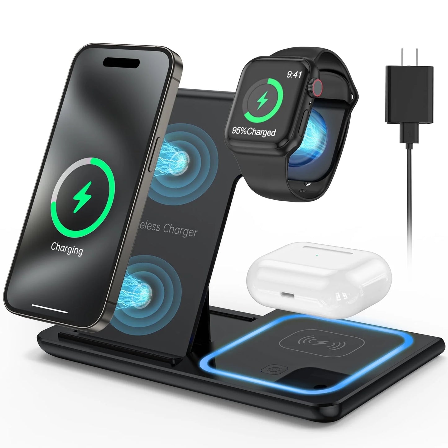 Wireless Charger, 18W 3 in 1 Charging Station for Iphone 16/15/14/13/12/11/Pro/Xs/Xs Max/Xr/X, Fast Wireless Charging Dock for Apple Watch 10/9/8/7/6/SE/5/4/3/2, Airpods 4/3/2/Pro with Adapter(Green)