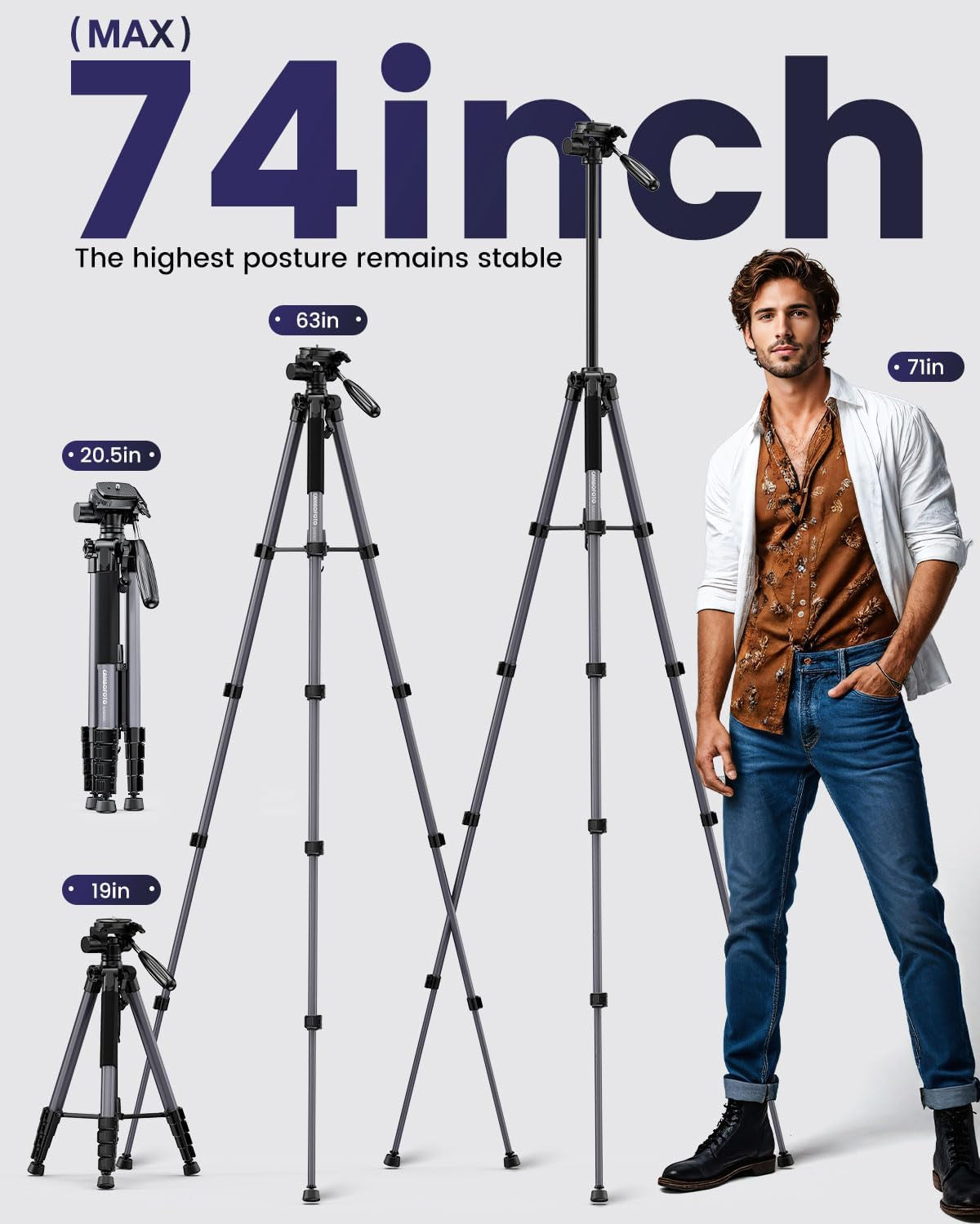 74"-Camera-Tripod, Gray Porfessional Aluminum Tripod Stand for Mirrorless Camera/Dslr/Cell Phone/Camcorder/Gopro, with Phone Holder and Travel Bag (Gunmetal Gray)