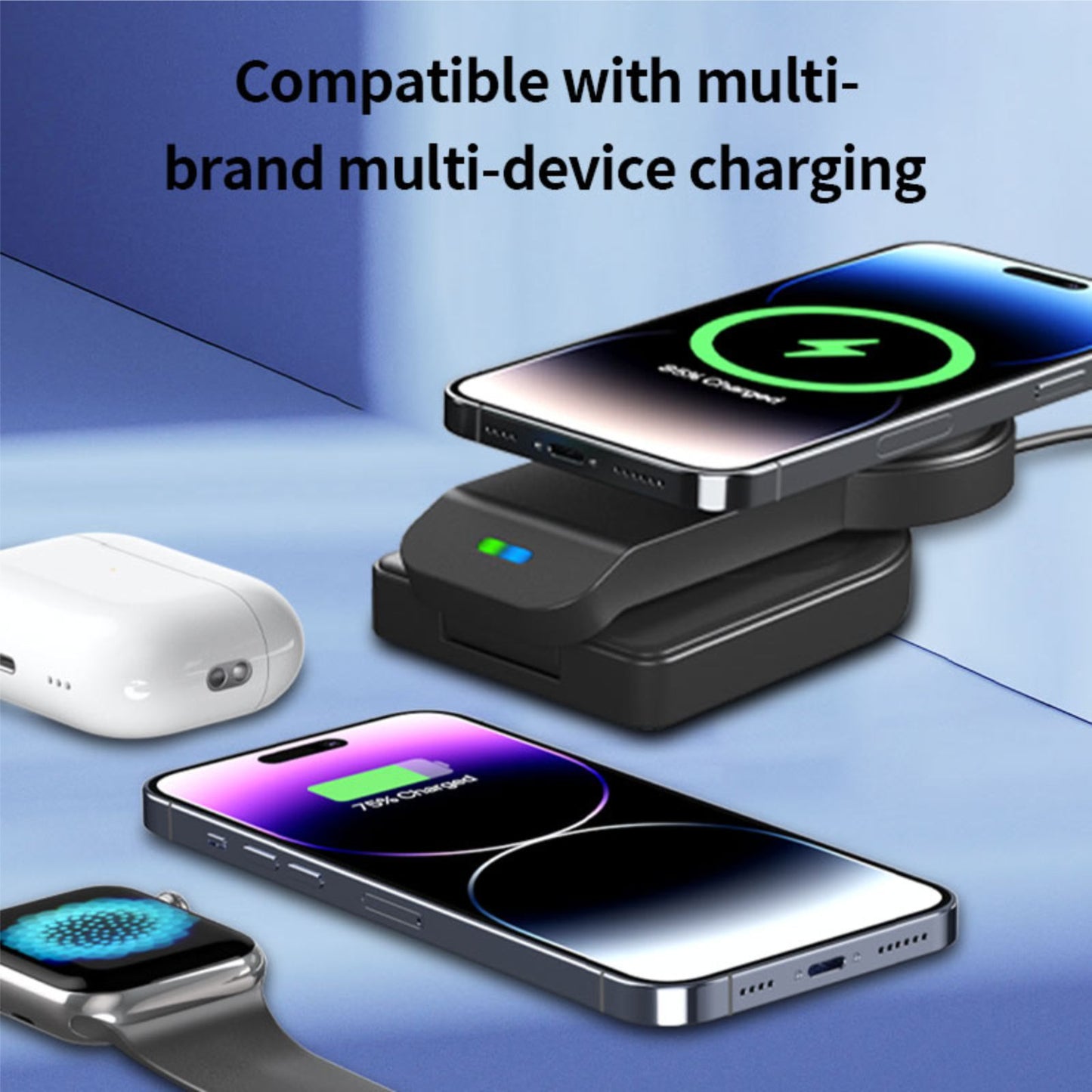 Magnetic Foldable 3 in 1 Wireless Charging Station for Apple Magsafe Charger ,15W Fast Wireless Charger Stand for Iphone 14 13 12 Series Apple Watch Airpods Multiple Devices, Adjustable Angle