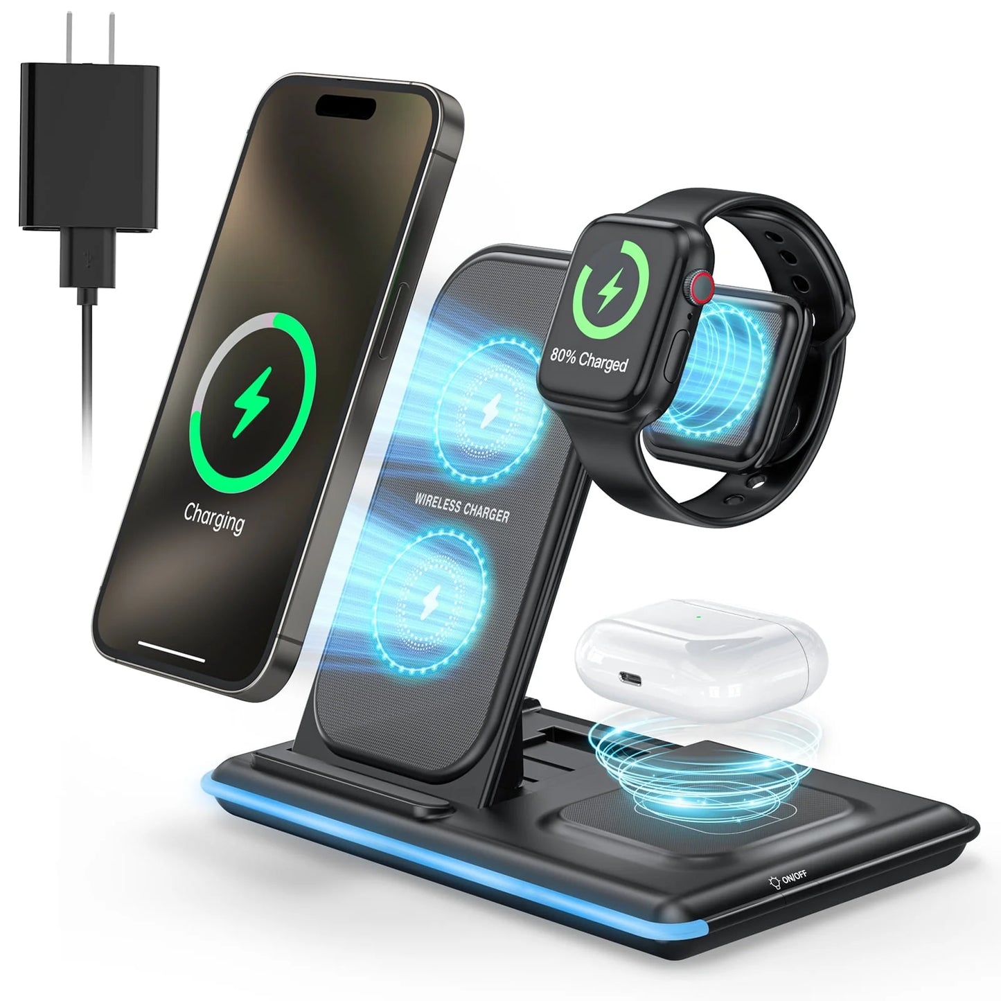 Wireless Charger, 18W 3 in 1 Charging Station for Iphone 16/15/14/13/12/11/Pro/Xs/Xs Max/Xr/X, Fast Wireless Charging Dock for Apple Watch 10/9/8/7/6/SE/5/4/3/2, Airpods 4/3/2/Pro with Adapter(Green)