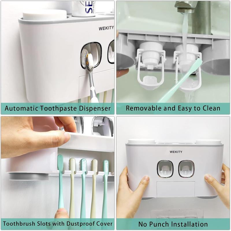 Toothbrush Holder Multi-Function Wall-Mounted Automatic Dispenser and Dust-Proof Toothbrush Holder with 5 Brush Slots 4 Cups 2 Automatic Dispensers 1 Storage Slot (Grey)